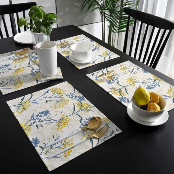 Dining Table Placemats Set Of 6Cotton Linen,Vintage Floral Plant,Heat Resistant - Picture 4 of 8